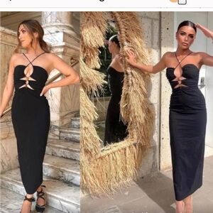 Zara Black Backless Dress cut out beads halter Midi modern S